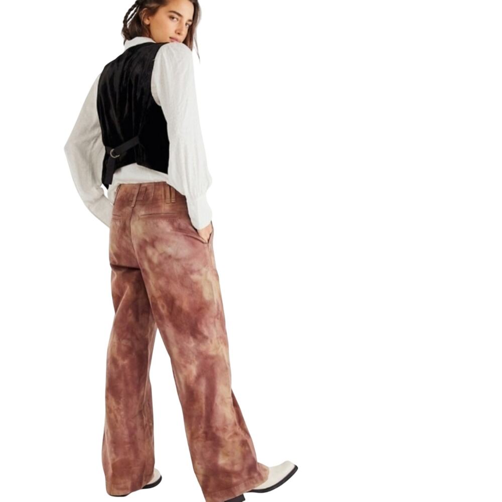 Free People SUPER WIDE Pants Sz 4 Brown Dream Bigger Western Bohemian Tie Dye